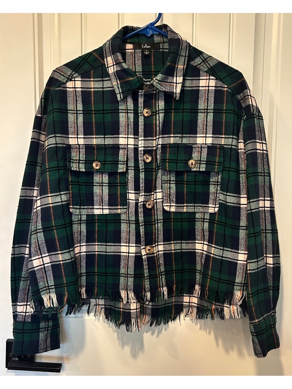 Lulu's fringe bottom Green Plaid flannel shirt button up high low hem pockets